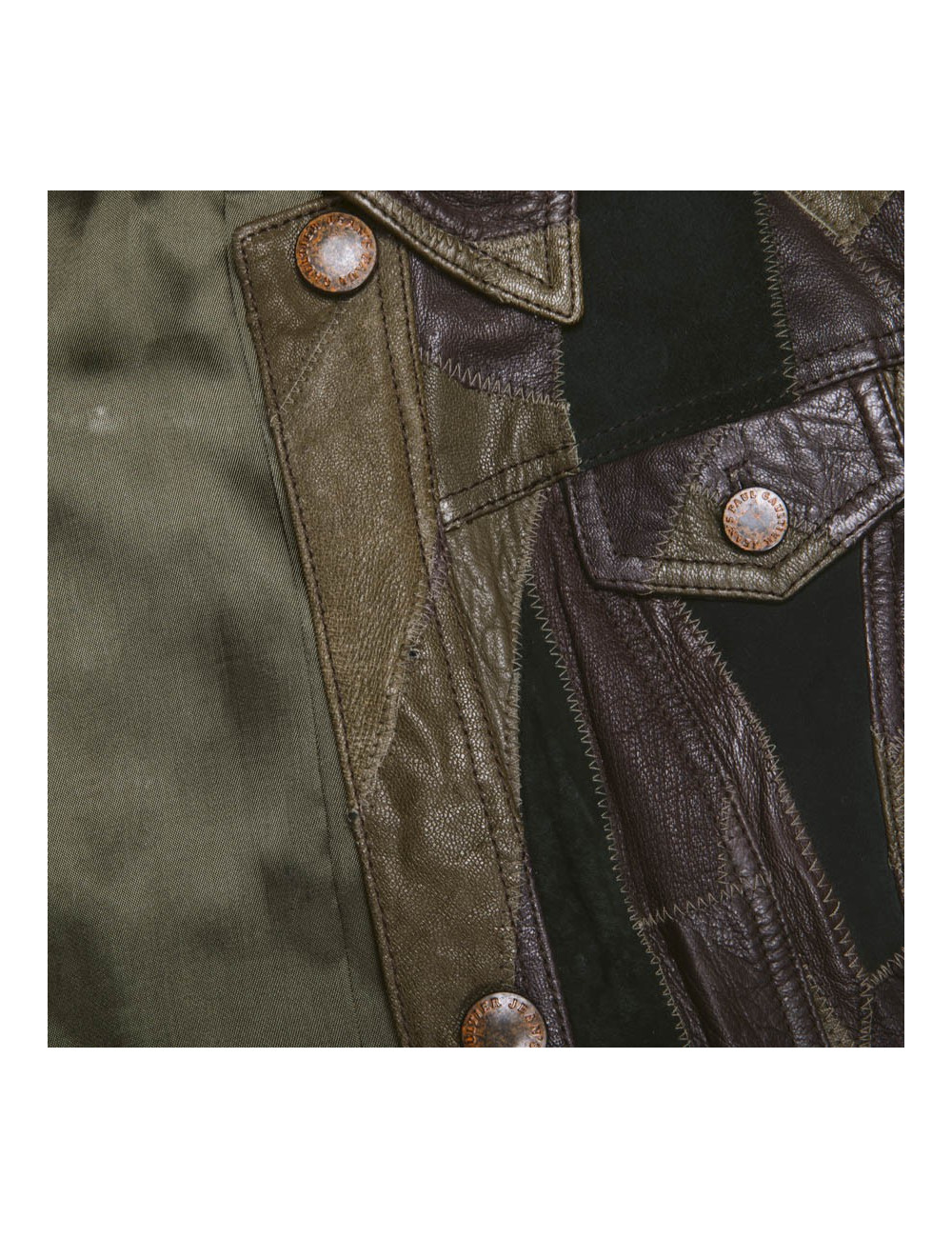 Blouson JEAN PAUL GAULTIER en cuir vert et marron patchwork