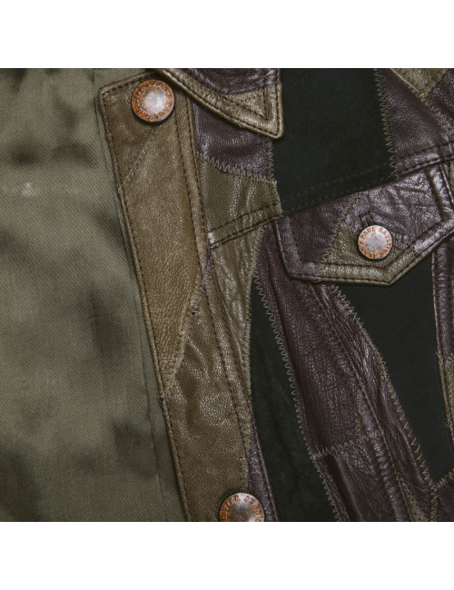 Blouson JEAN PAUL GAULTIER en cuir vert et marron patchwork