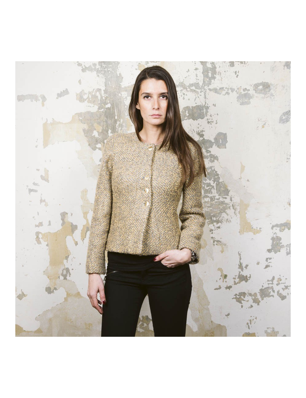 Veste courte CHANEL T 36 tweed gris et lamé doré