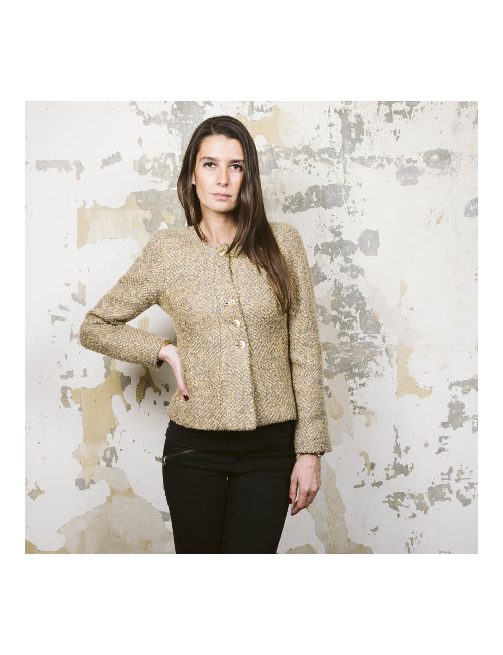 Veste CHANEL T 36 tweed gris et lamé doré