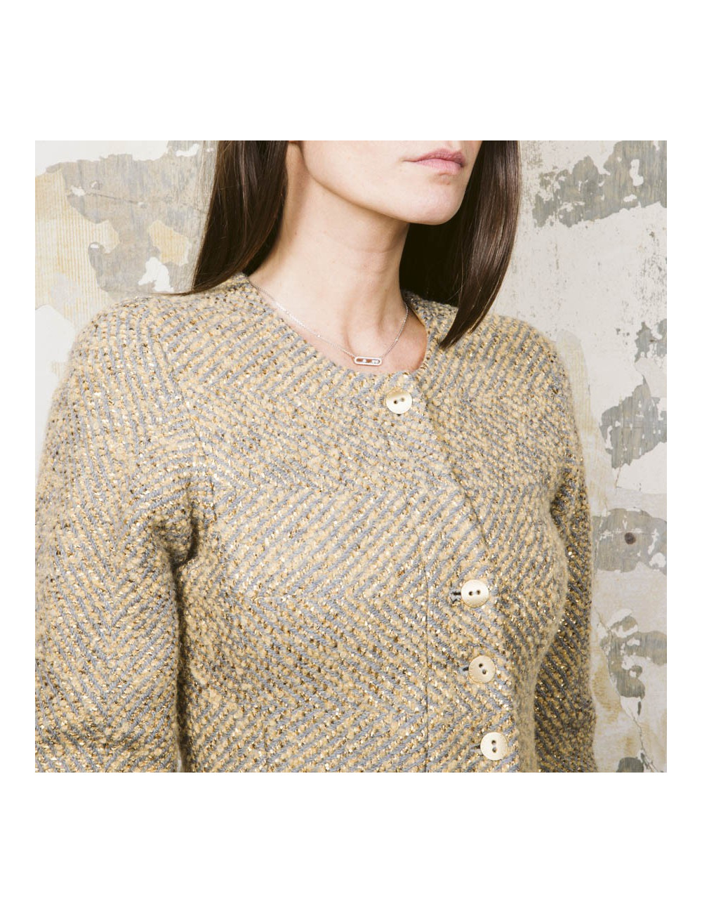 Veste CHANEL T 36 tweed gris et lamé doré