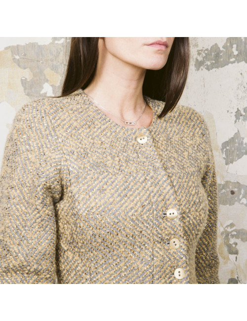 Veste courte CHANEL T 36 tweed gris et lamé doré