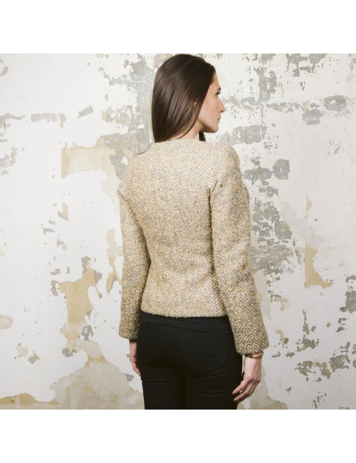 Veste courte CHANEL T 36 tweed gris et lamé doré