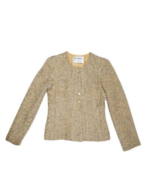 Veste courte CHANEL T 36 tweed gris et lamé doré