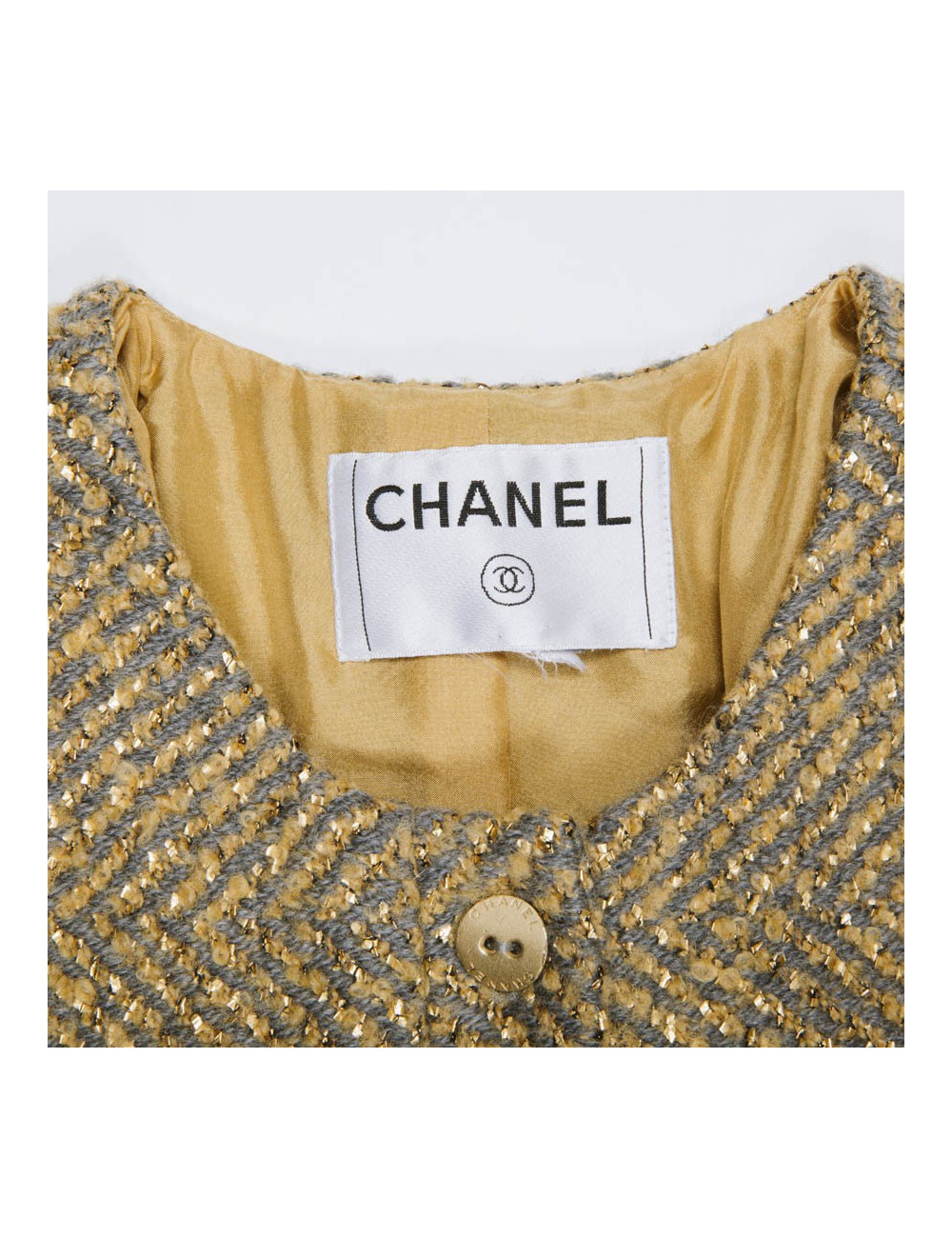 Veste courte CHANEL T 36 tweed gris et lamé doré