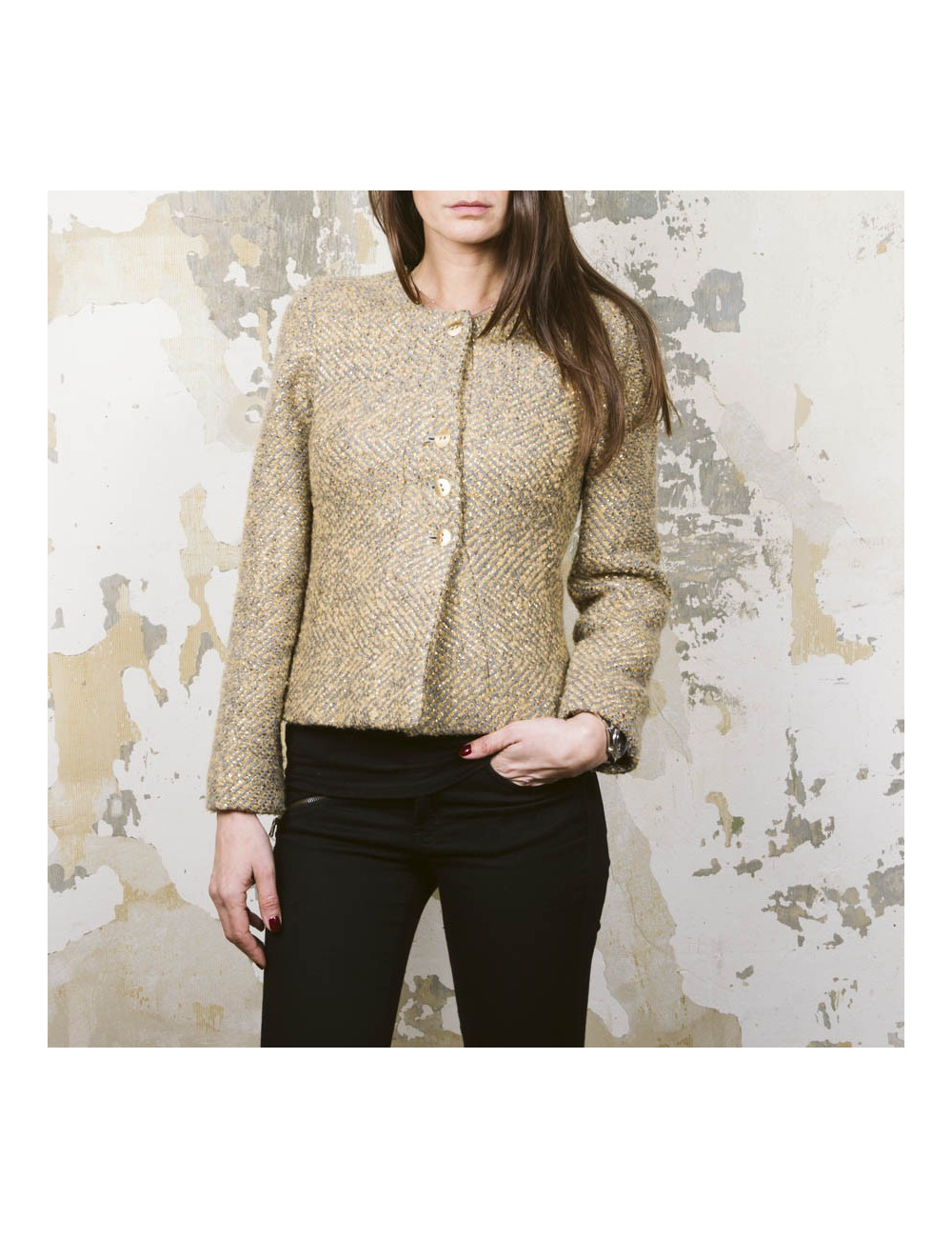 Veste courte CHANEL T 36 tweed gris et lamé doré