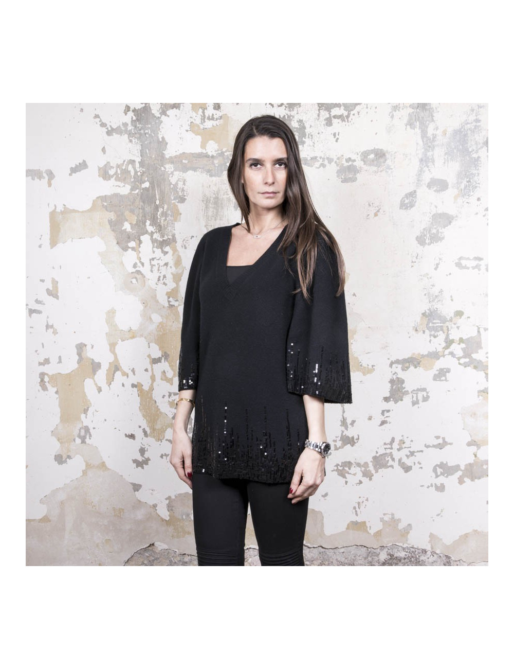 Pull VALENTINO T 44 FR en laine et cachemire noir avec sequins