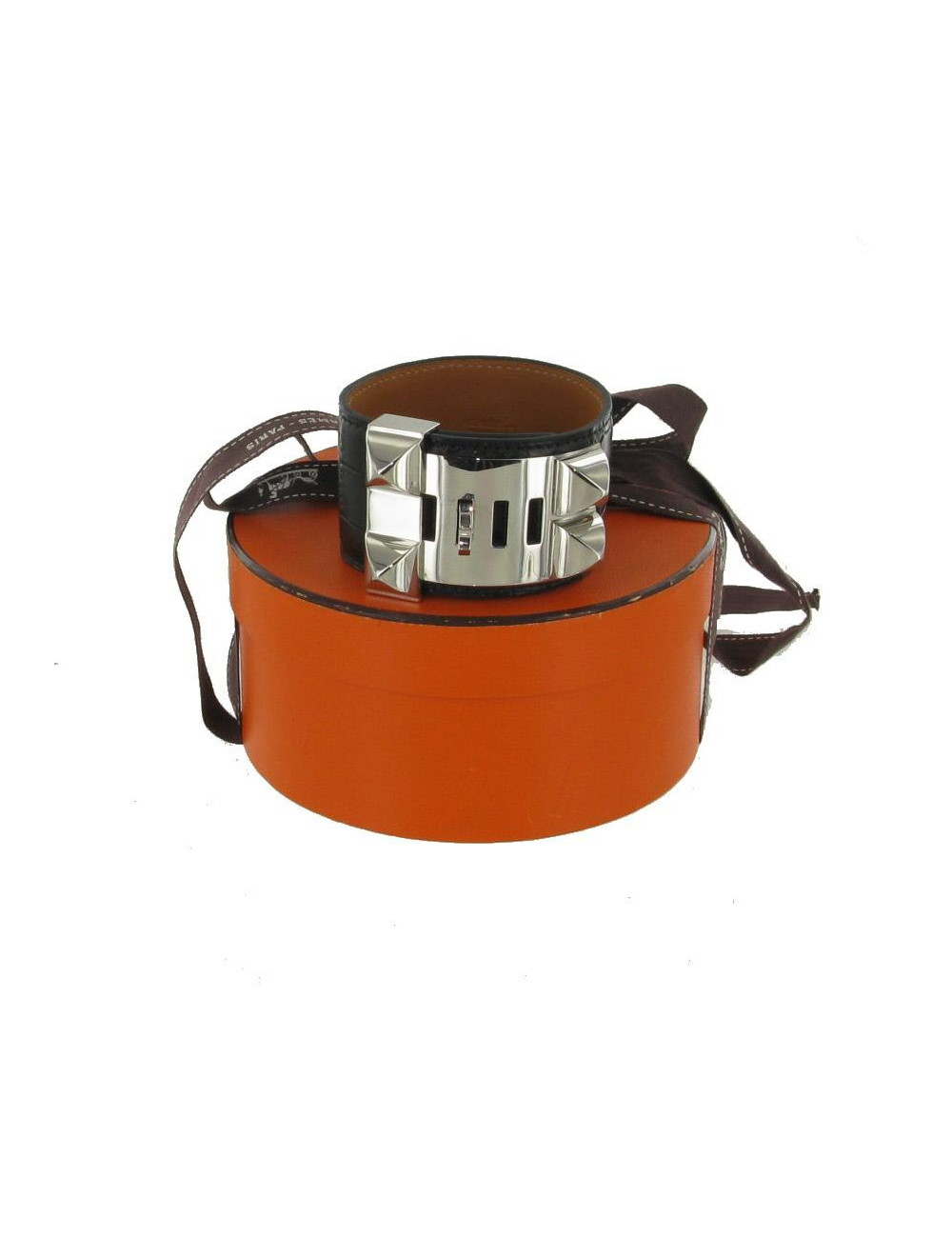 Manchette HERMES "collier de chien" en croco noir mat