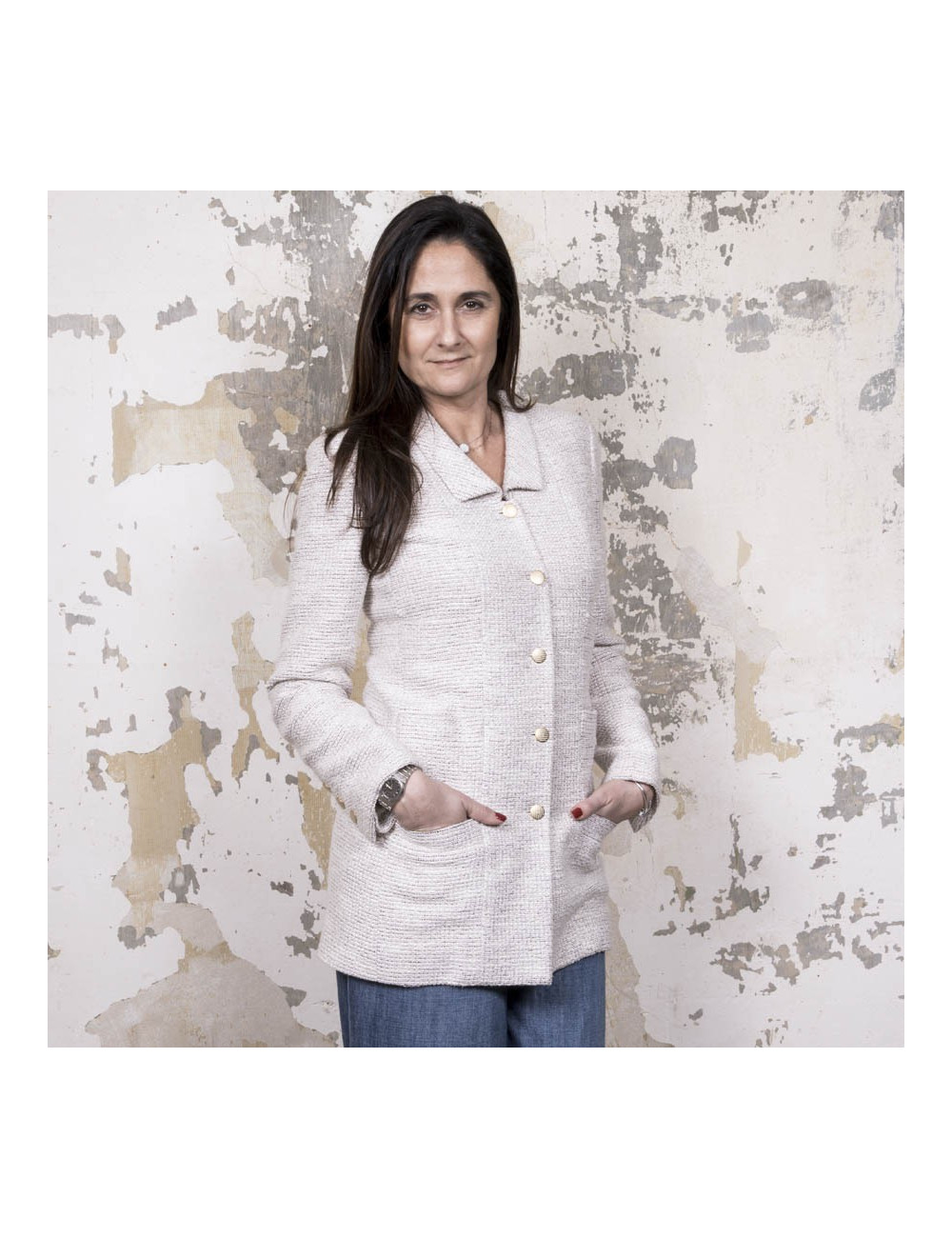 Veste longue CHANEL T 40 tweed rose et fils d'argent