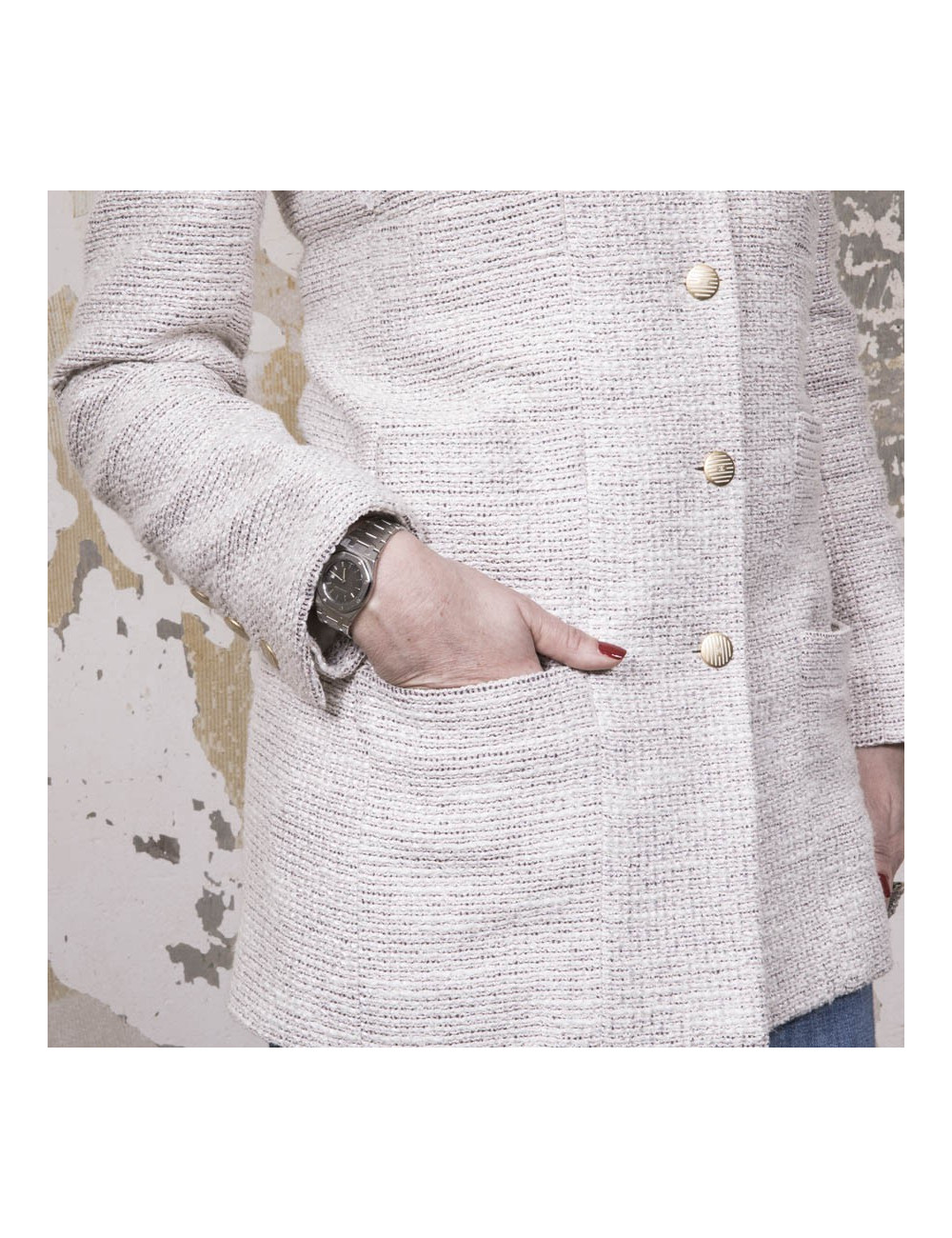 Veste mi-longue CHANEL T 40 tweed beige et fils d'argent