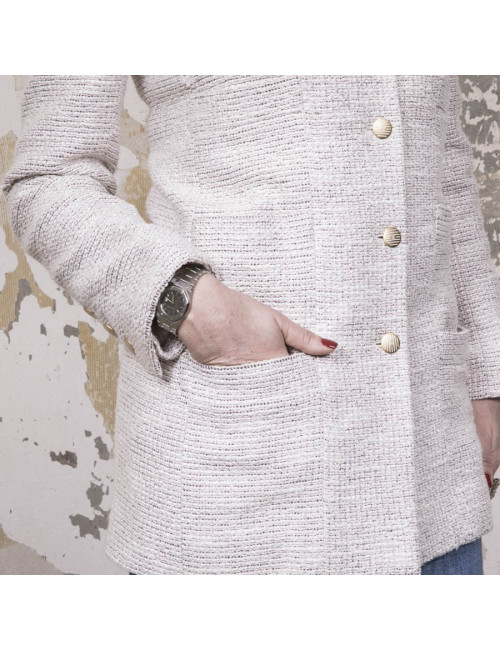 Veste mi-longue CHANEL T 40 tweed beige et fils d'argent