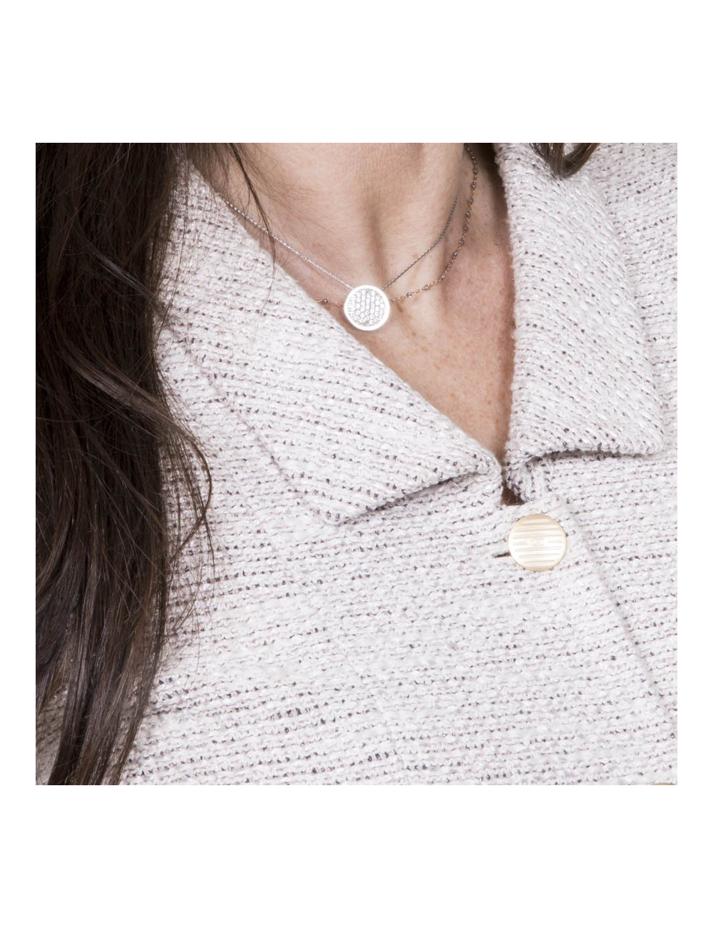 Veste mi-longue CHANEL T 40 tweed beige et fils d'argent