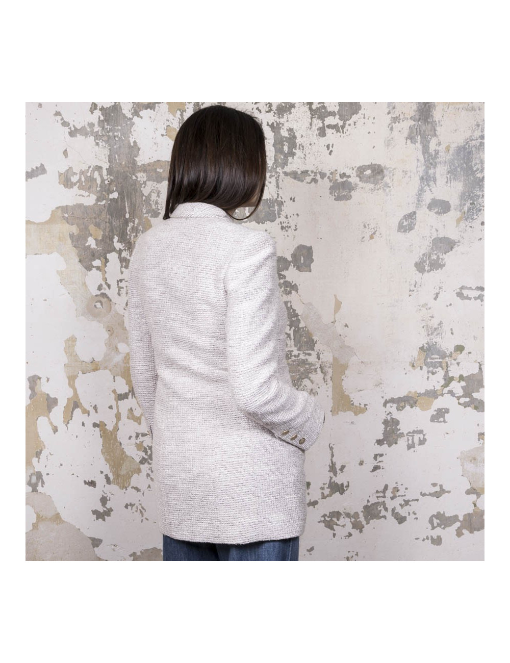 Veste mi-longue CHANEL T 40 tweed beige et fils d'argent