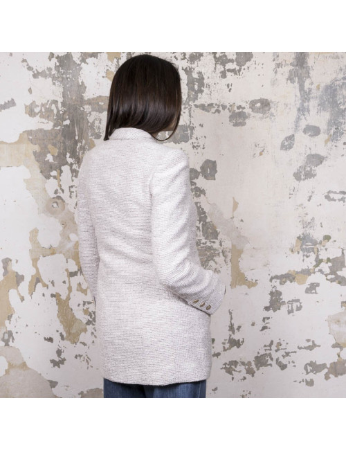 Veste mi-longue CHANEL T 40 tweed beige et fils d'argent