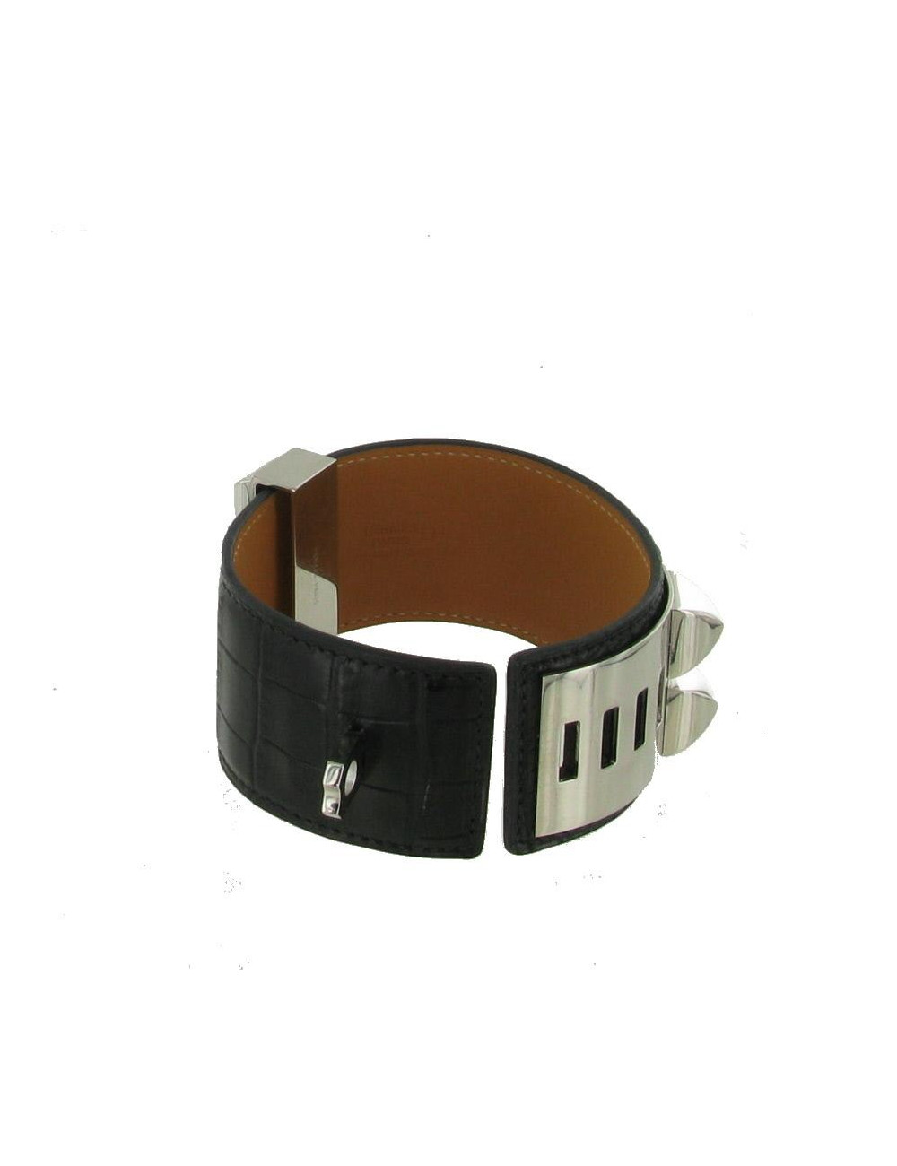Manchette HERMES "collier de chien" en croco noir mat