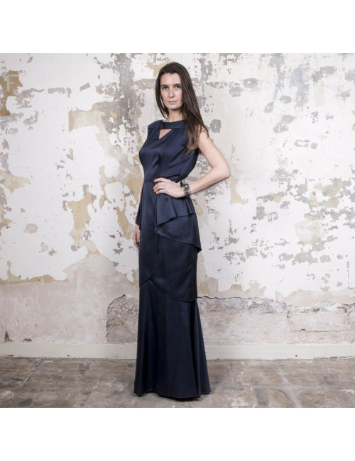 Robe du soir T 38 CHANEL en soie bleue à volants