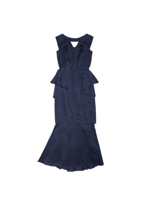 Robe du soir T 38 CHANEL en soie bleue à volants