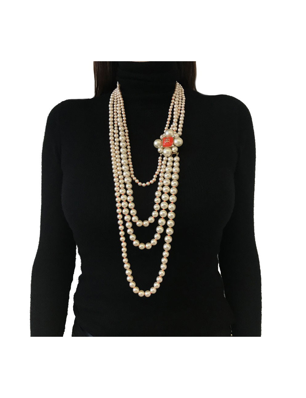 CHANEL necklace with 4 row of pearls and orange molten glass