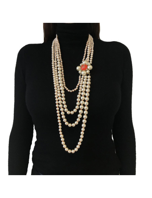 CHANEL necklace with 4 row of pearls and orange molten glass