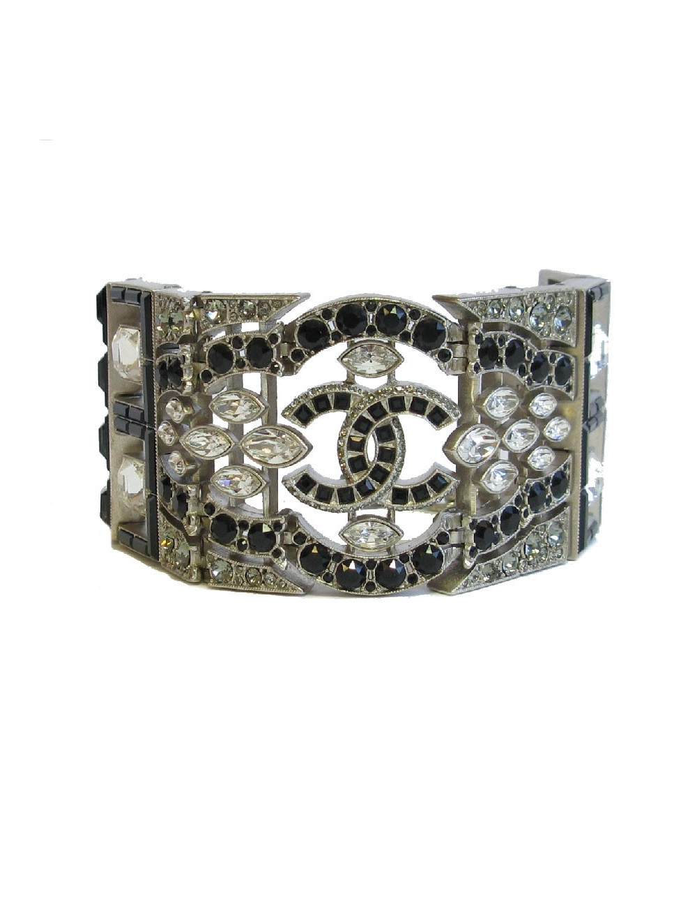CHANEL Couture articulated cuff bracelet in matte silver metal set with Swarovski rhinestones