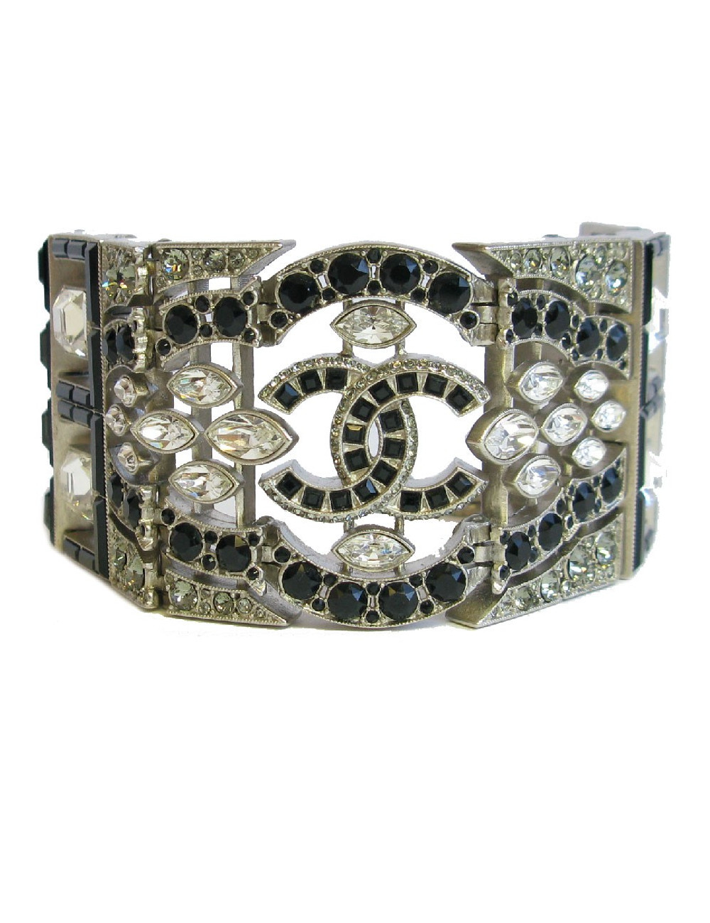 CHANEL Couture articulated cuff bracelet in matte silver metal set with Swarovski rhinestones