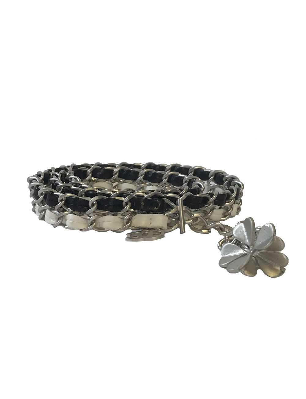 Ceinture CHANEL T85 en chaine argentée et cuir blanc et noir 