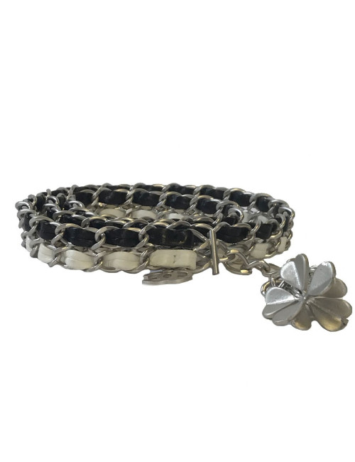 Ceinture CHANEL chaines et cuir blanc et noir verni