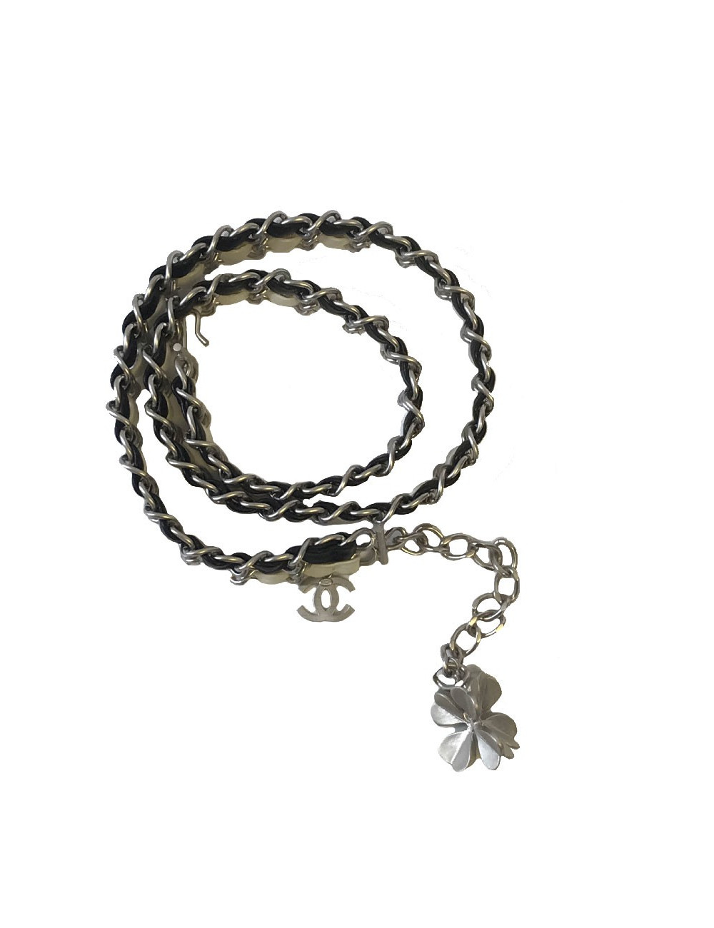 Ceinture CHANEL T85 en chaine argentée et cuir blanc et noir 