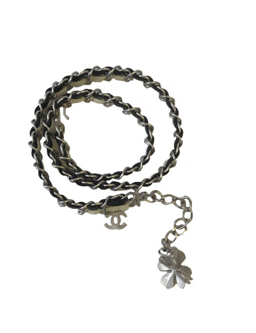 Ceinture CHANEL T85 en chaine argentée et cuir blanc et noir 