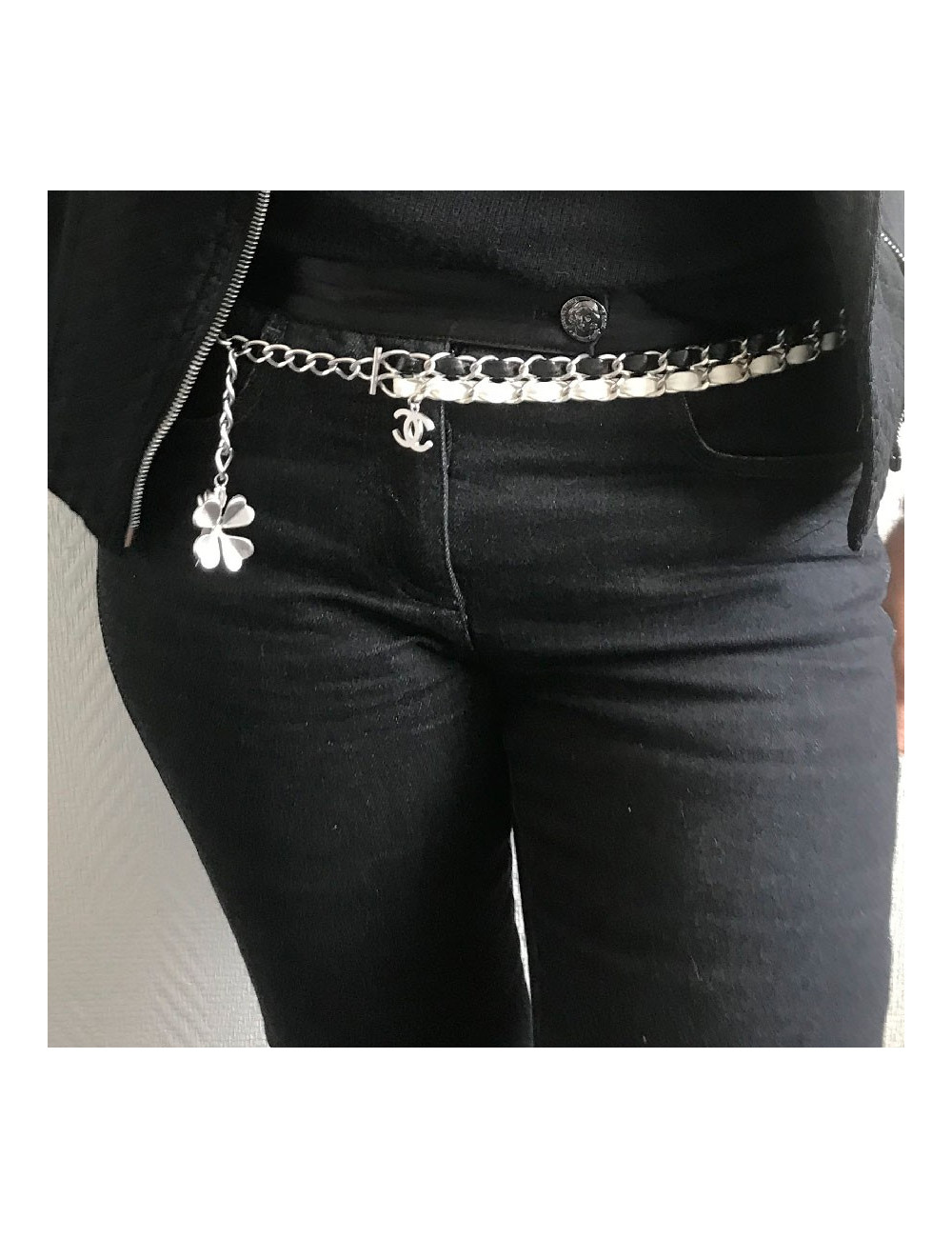 CHANEL chain belt 85EU in black and white leather and matt silver metal