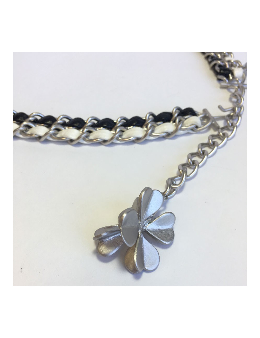 CHANEL chain belt 85EU in black and white leather and matt silver metal