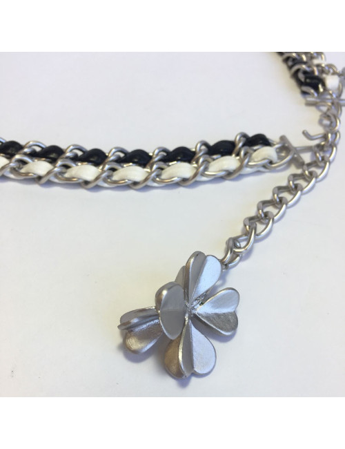 CHANEL chain belt 85EU in black and white leather and matt silver metal