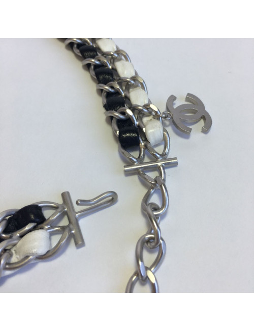CHANEL chain belt 85EU in black and white leather and matt silver metal