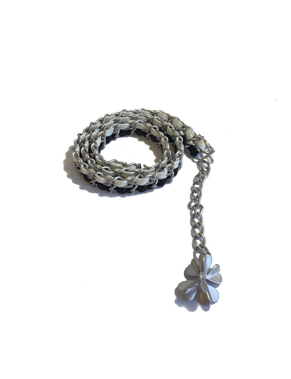 CHANEL chain belt 85EU in black and white leather and matt silver metal