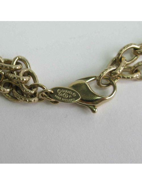 Sautoir CHANEL chaines dorés, bijou en perles et opate de verre