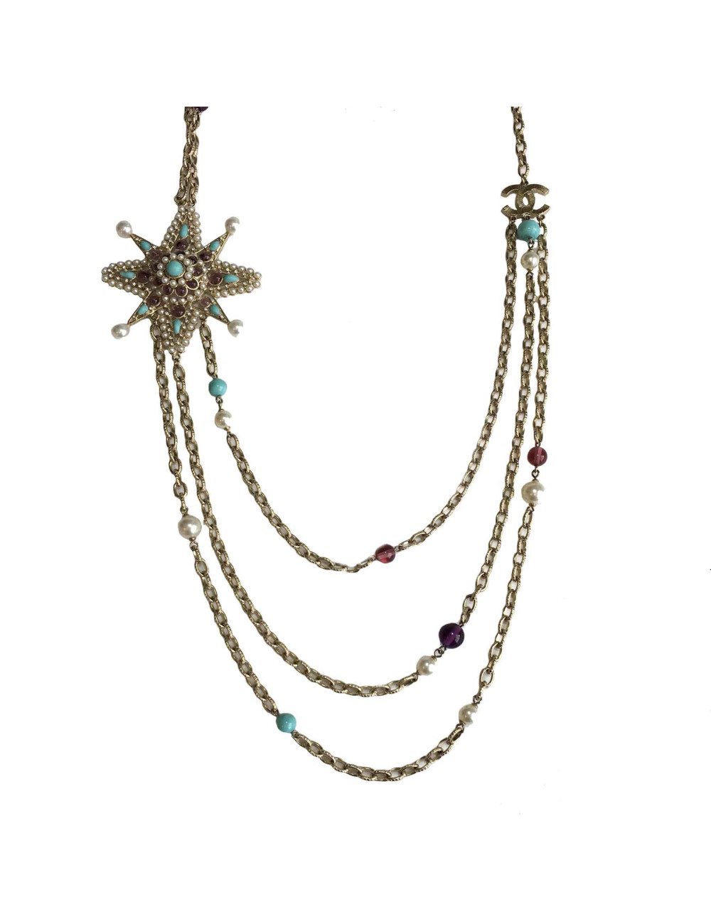 Sautoir CHANEL chaines dorés, bijou en perles et opate de verre