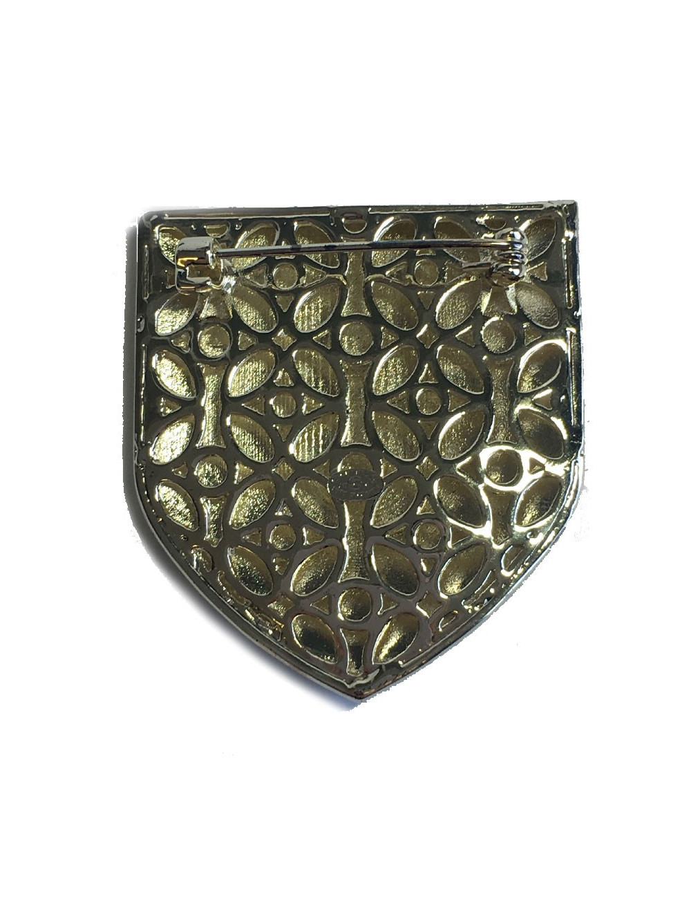 CHANEL escutcheon brooch in pale gilded metal, pearls and colored resin