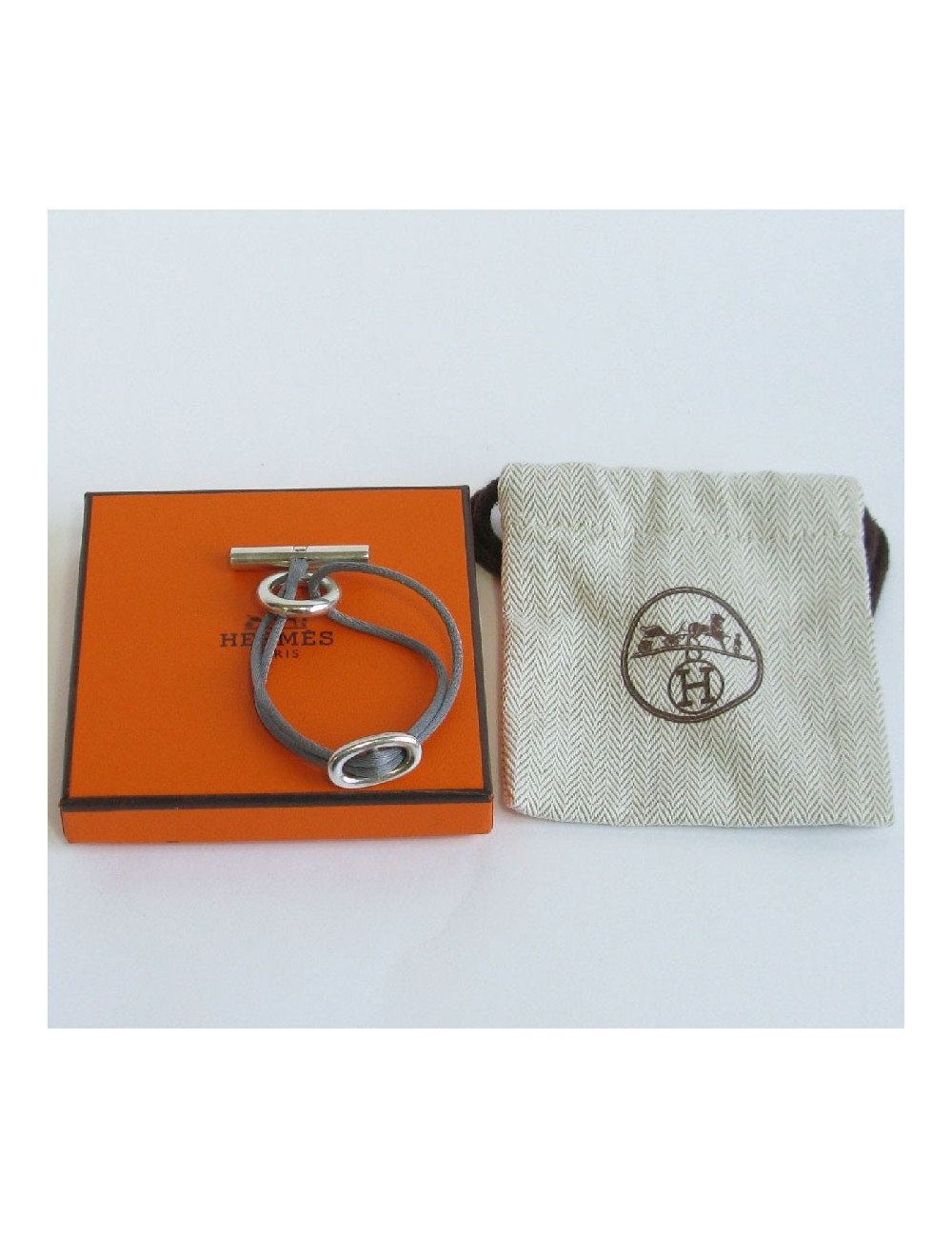 HERMES Bracelet 'Skipper' Model in Sterling Silver Ag925 and Gray Silk Thread