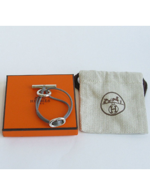 HERMES Bracelet 'Skipper' Model in Sterling Silver Ag925 and Gray Silk Thread