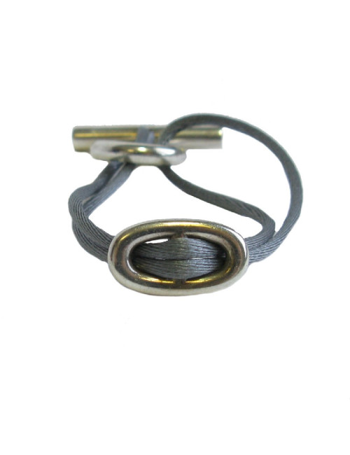 HERMES Bracelet 'Skipper' Model in Sterling Silver Ag925 and Gray Silk Thread