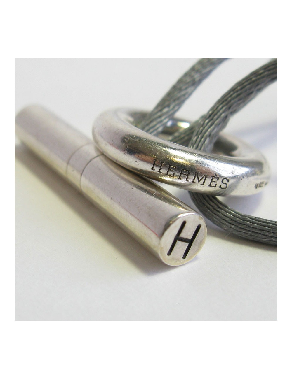 HERMES Bracelet 'Skipper' Model in Sterling Silver Ag925 and Gray Silk Thread