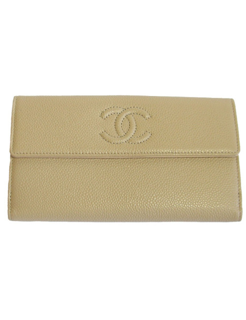 Portefeuille CHANEL cuir grainé beige