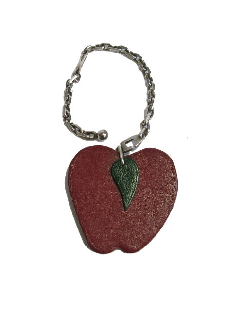 HERMES key ring leather red H apple pendant and sterling silver chain