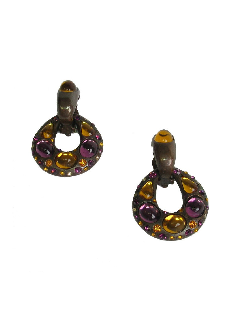  YSL YVES SAINT LAURENT Vintage clip-on earrings in bronze metal, rhinestones and resin