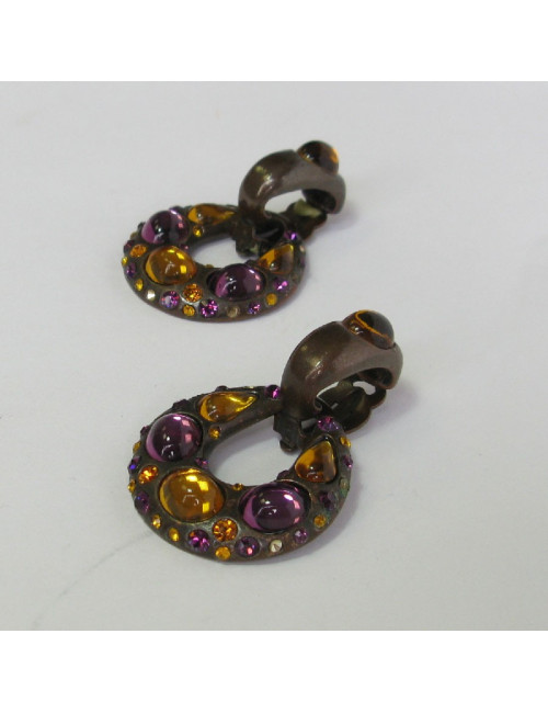  YSL YVES SAINT LAURENT Vintage clip-on earrings in bronze metal, rhinestones and resin