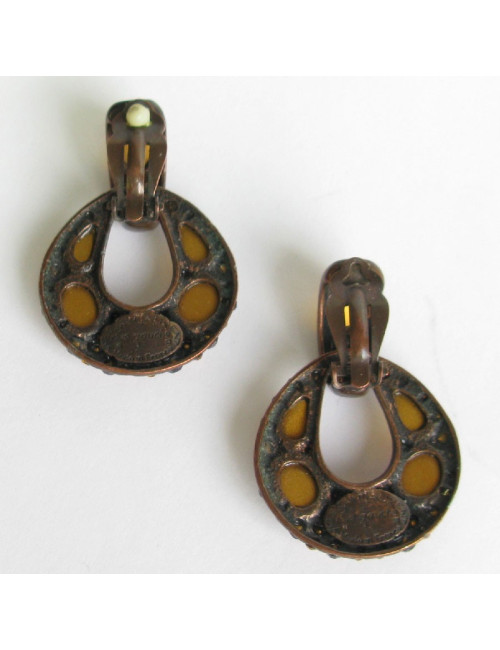  YSL YVES SAINT LAURENT Vintage clip-on earrings in bronze metal, rhinestones and resin