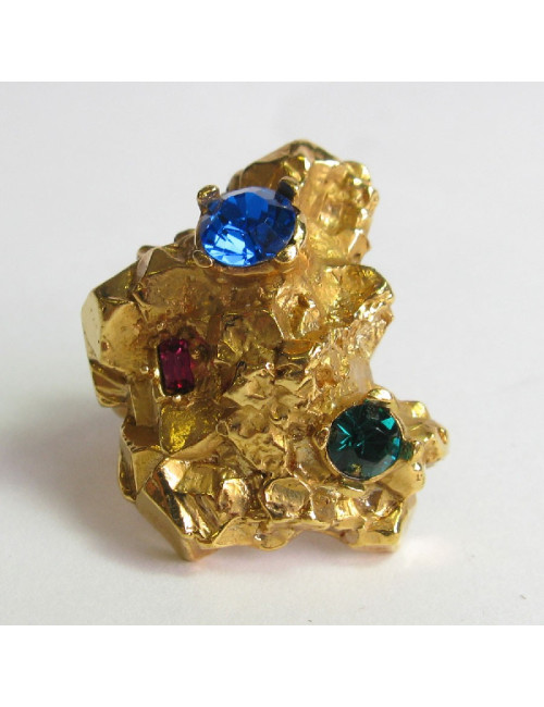 Bague YSL YVES SAINT LAURENT T50  en métal doré, brillants bleu vert et rose