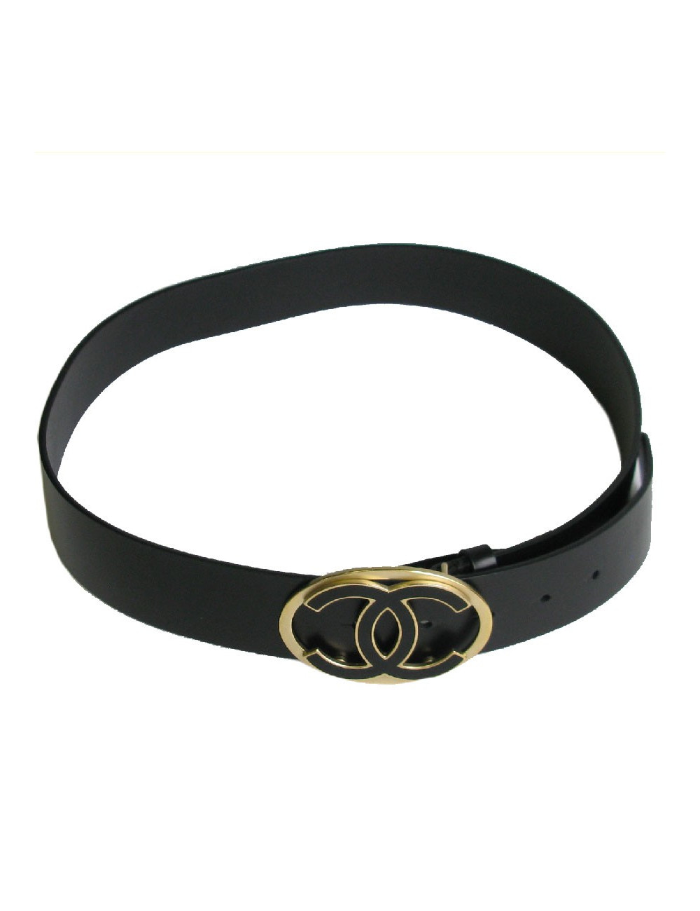 Ceinture CHANEL T 85 en cuir noir, boucle en métal or mat  CC noir