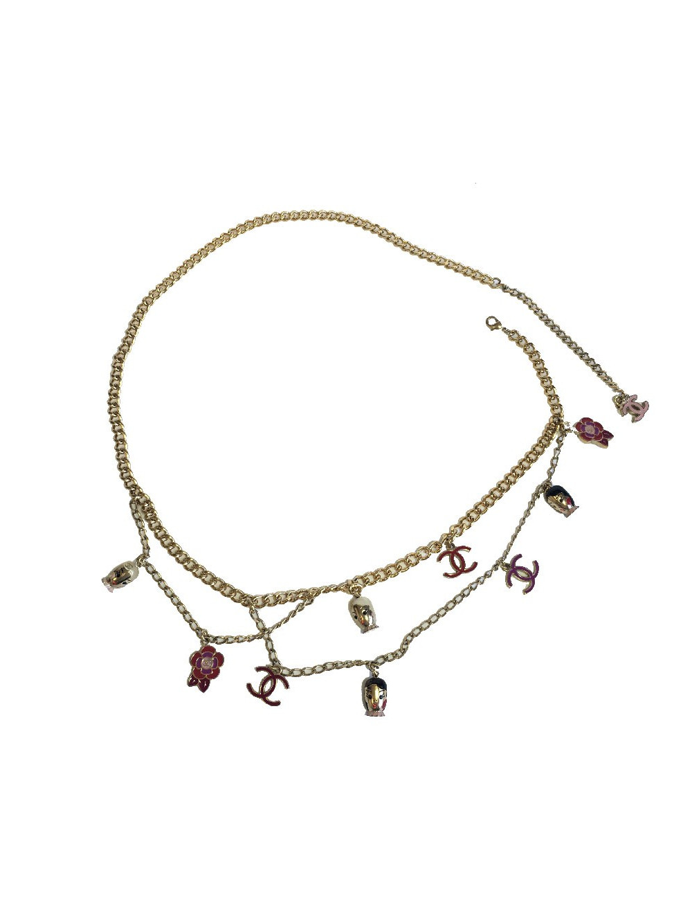 CHANEL "Paris-Shanghai"long necklace belt in gilt metal and charms