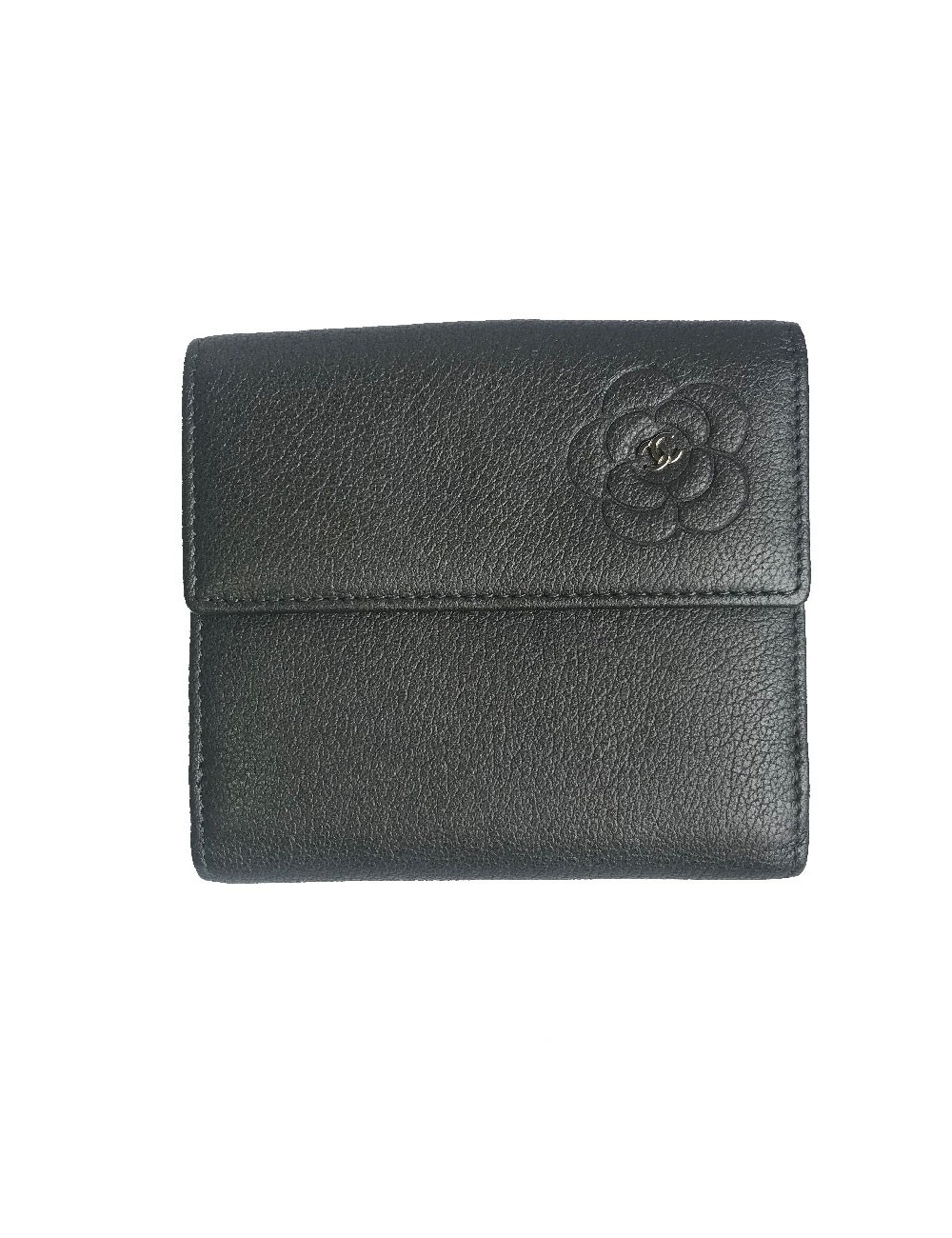 Portefeuille compact CHANEL en cuir grainé gris